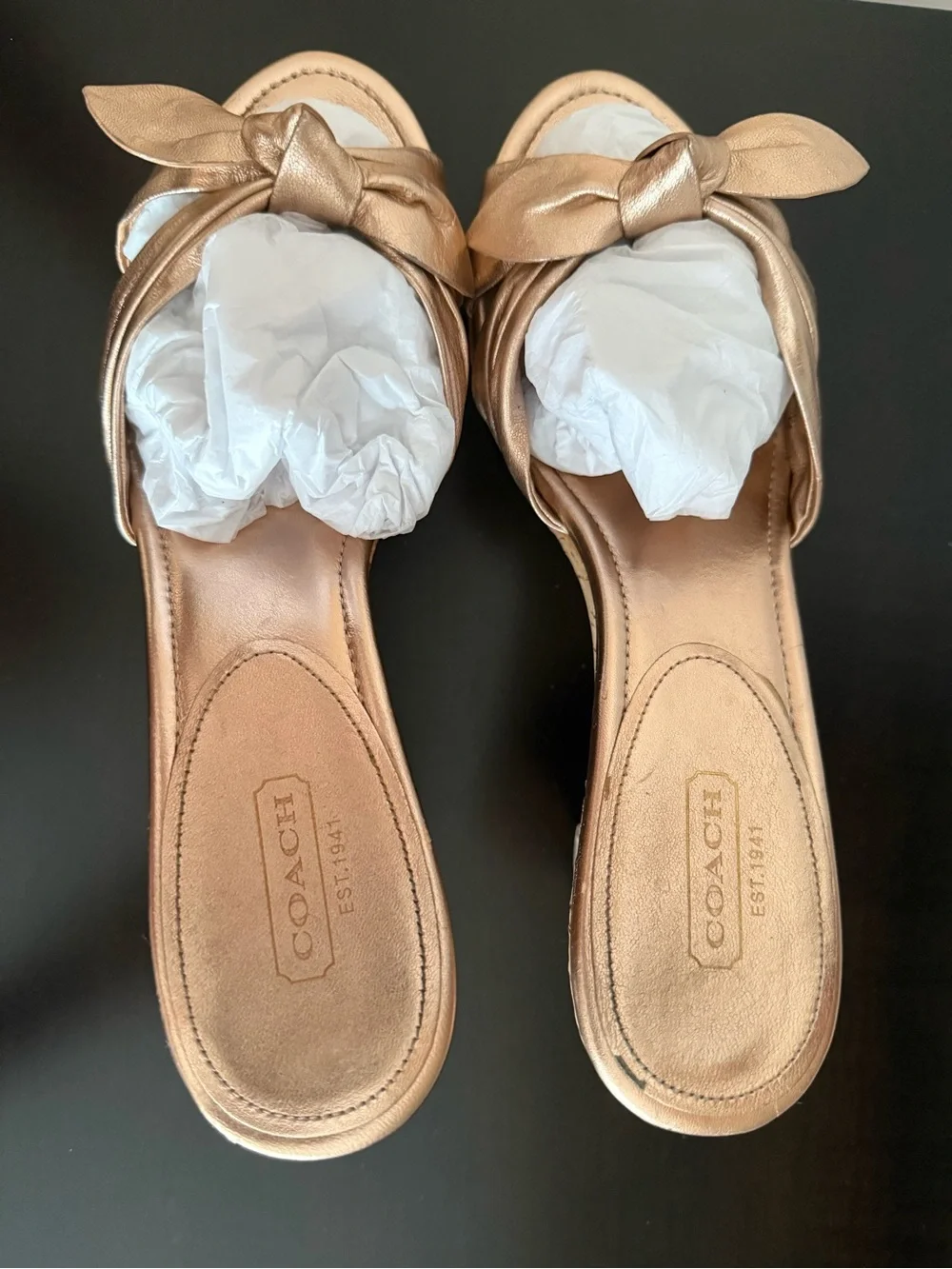 COACH Metallic Rose Gold Bow Slide Mules